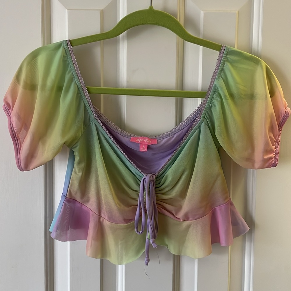 DOLLS KILL Sugar Thillz Pastel Mesh Ruched Crop Top Size S